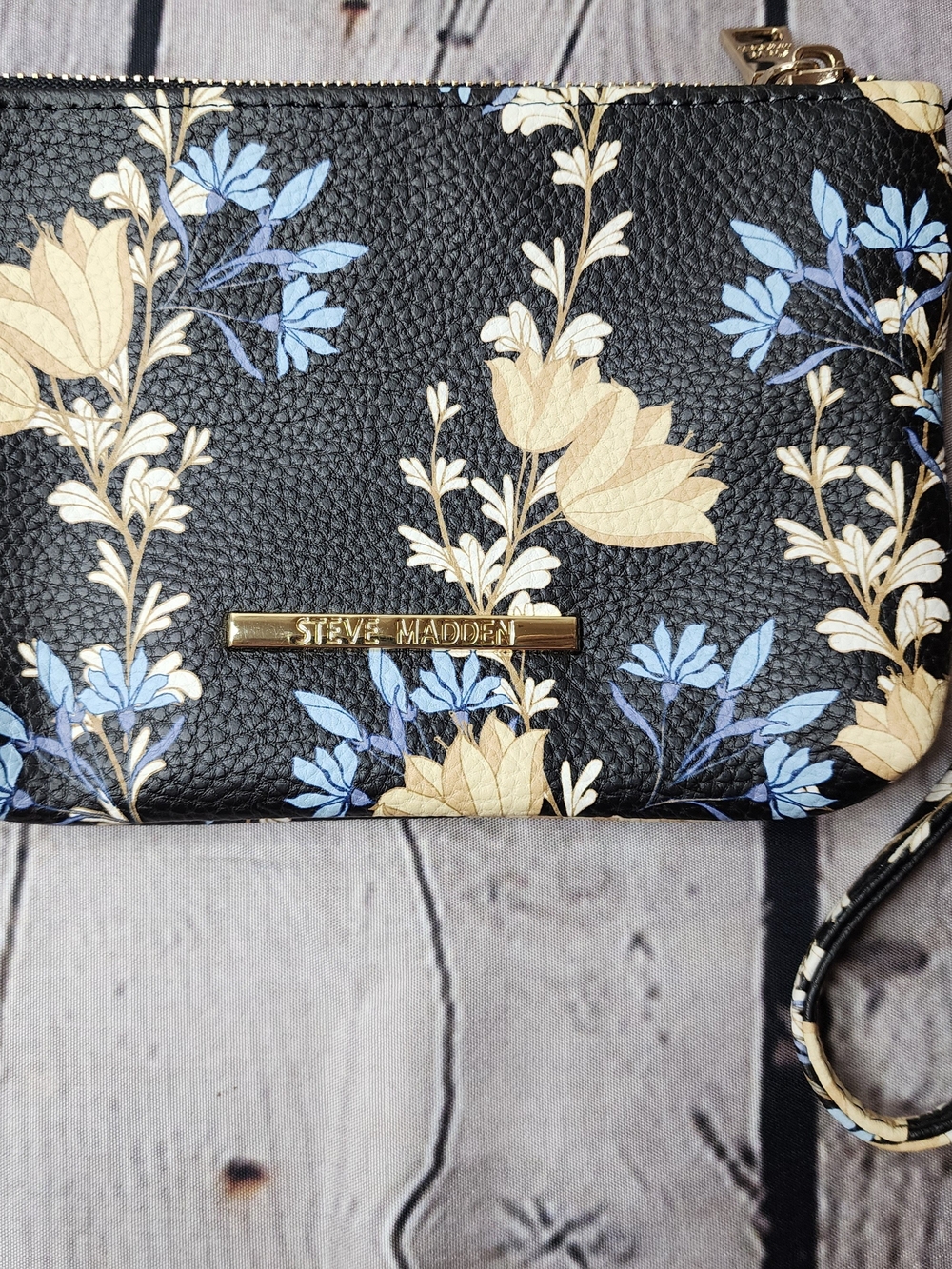 Steve Madden Black Floral Wristlet with Blue and Tan Blooms